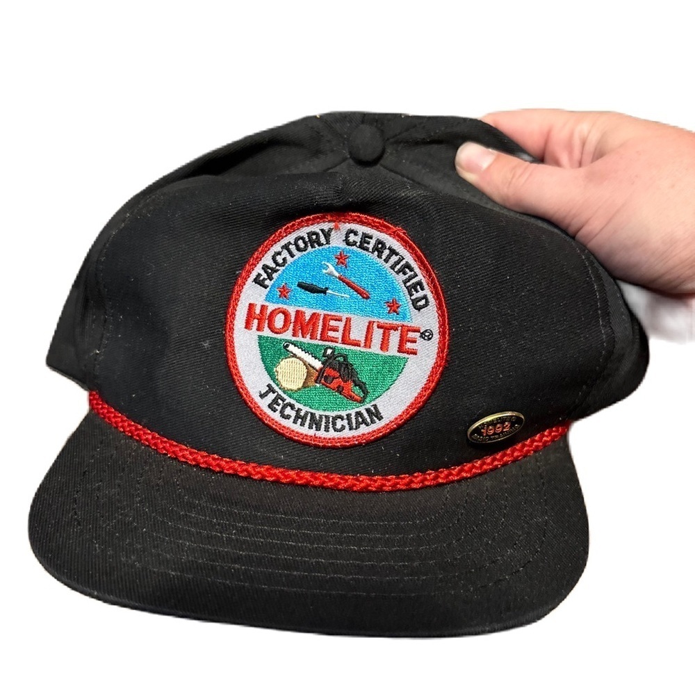 Vtg Homelite Factory Certified Technician SnapBack Cap Trucker Hat Red Rope Pin